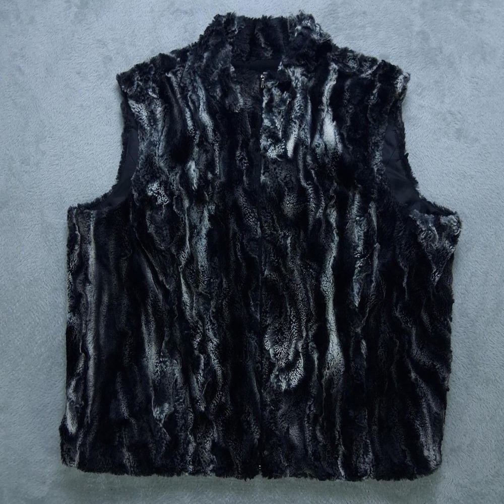 JM Collection Women Black Gray Faux Fur Zip Up Vest Textured Stripe Large